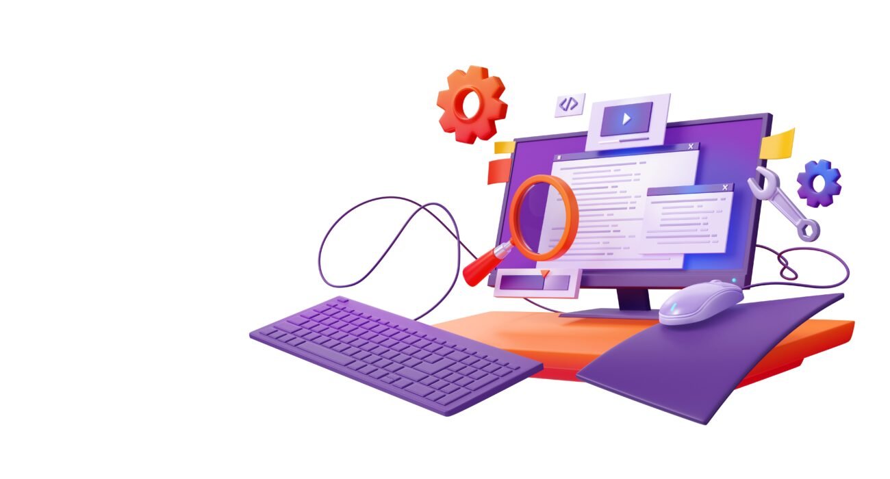3D illustration of a computer monitor, magnifying glass, keyboard, and tools representing website testing and conversion optimization.