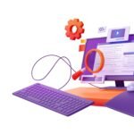 3D illustration of a computer monitor, magnifying glass, keyboard, and tools representing website testing and conversion optimization.