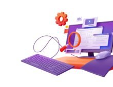 3D illustration of a computer monitor, magnifying glass, keyboard, and tools representing website testing and conversion optimization.