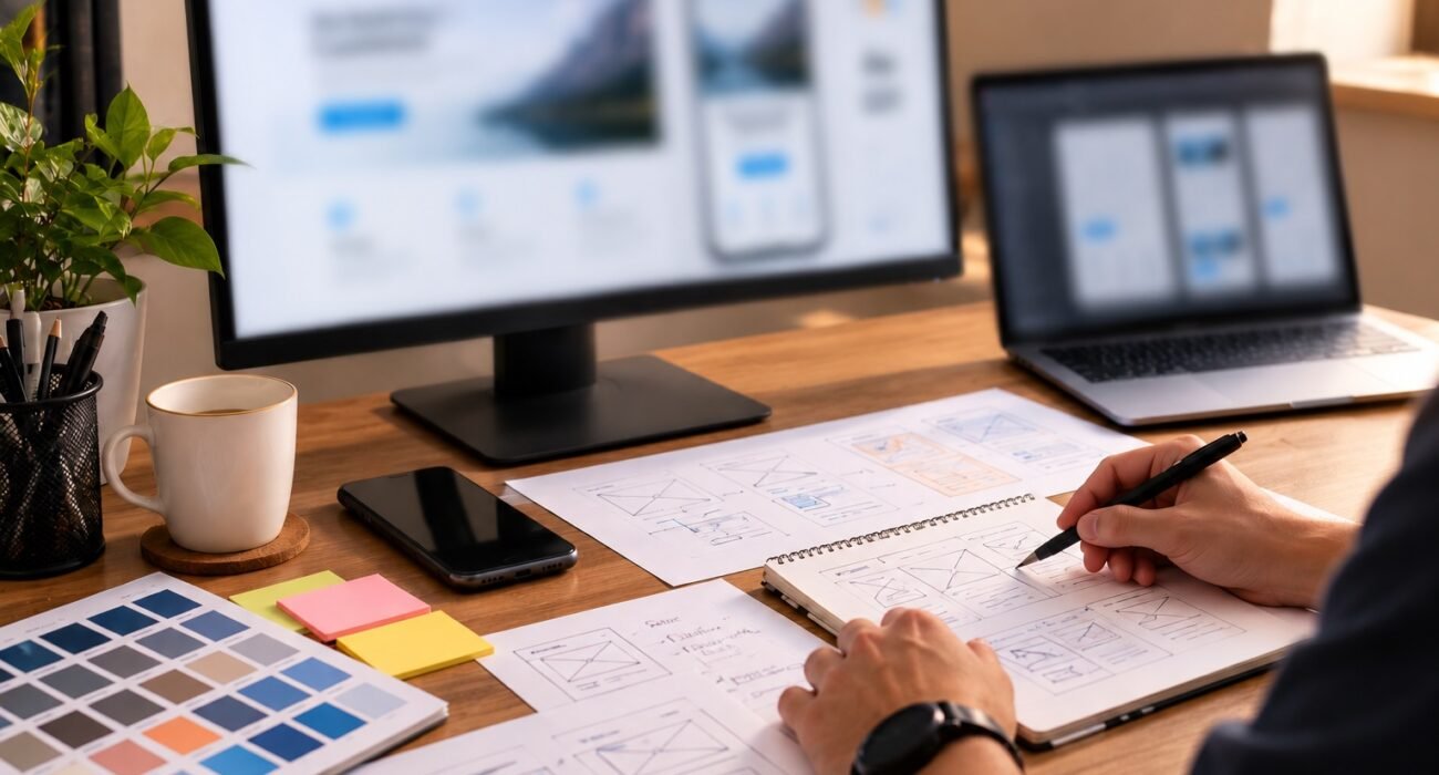 UI/UX designer sketching website wireframes in a notebook with a blurred computer monitor and laptop in the background.