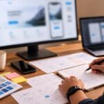 UI/UX designer sketching website wireframes in a notebook with a blurred computer monitor and laptop in the background.