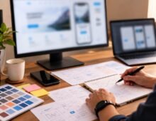 UI/UX designer sketching website wireframes in a notebook with a blurred computer monitor and laptop in the background.