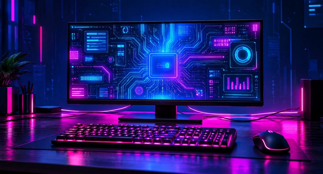 Website accessibility concept featuring a modern computer setup with a vibrant digital interface, representing inclusive and user-friendly web design.