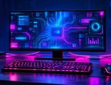 Website accessibility concept featuring a modern computer setup with a vibrant digital interface, representing inclusive and user-friendly web design.