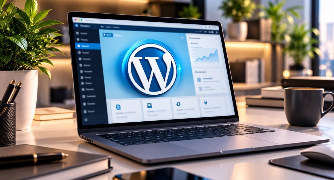 Premium WordPress logo displayed on a laptop screen in a modern professional workspace.