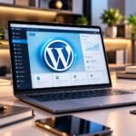 Premium WordPress logo displayed on a laptop screen in a modern professional workspace.