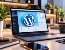 Premium WordPress logo displayed on a laptop screen in a modern professional workspace.