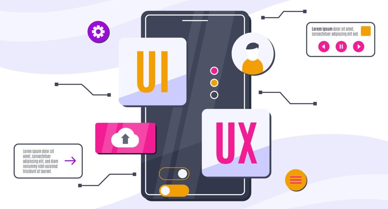 UI/UX design illustration featuring a smartphone interface, user profile, settings, and interactive elements.