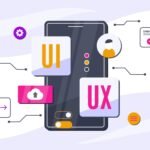 UI/UX design illustration featuring a smartphone interface, user profile, settings, and interactive elements.