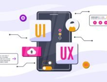 UI/UX design illustration featuring a smartphone interface, user profile, settings, and interactive elements.