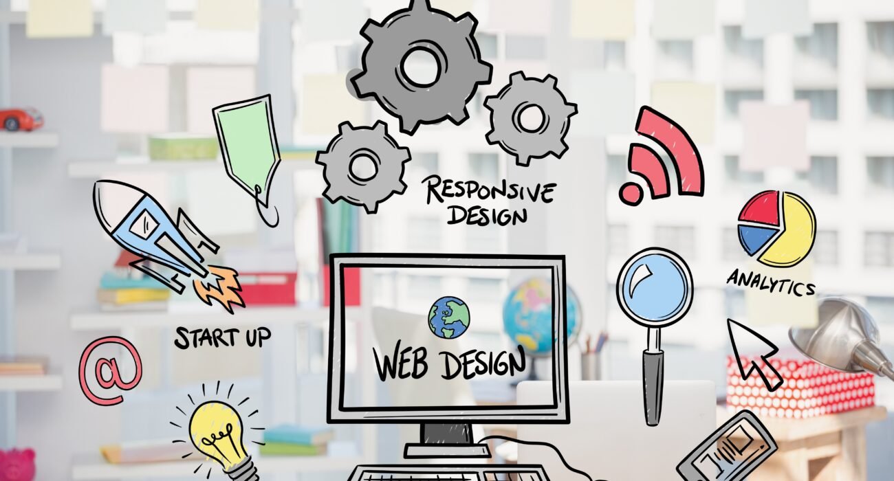 Web design concept illustrating responsive design, website development, analytics, and digital innovation.