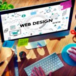 Business website design and development displayed on a computer screen with web graphics and programming concepts.